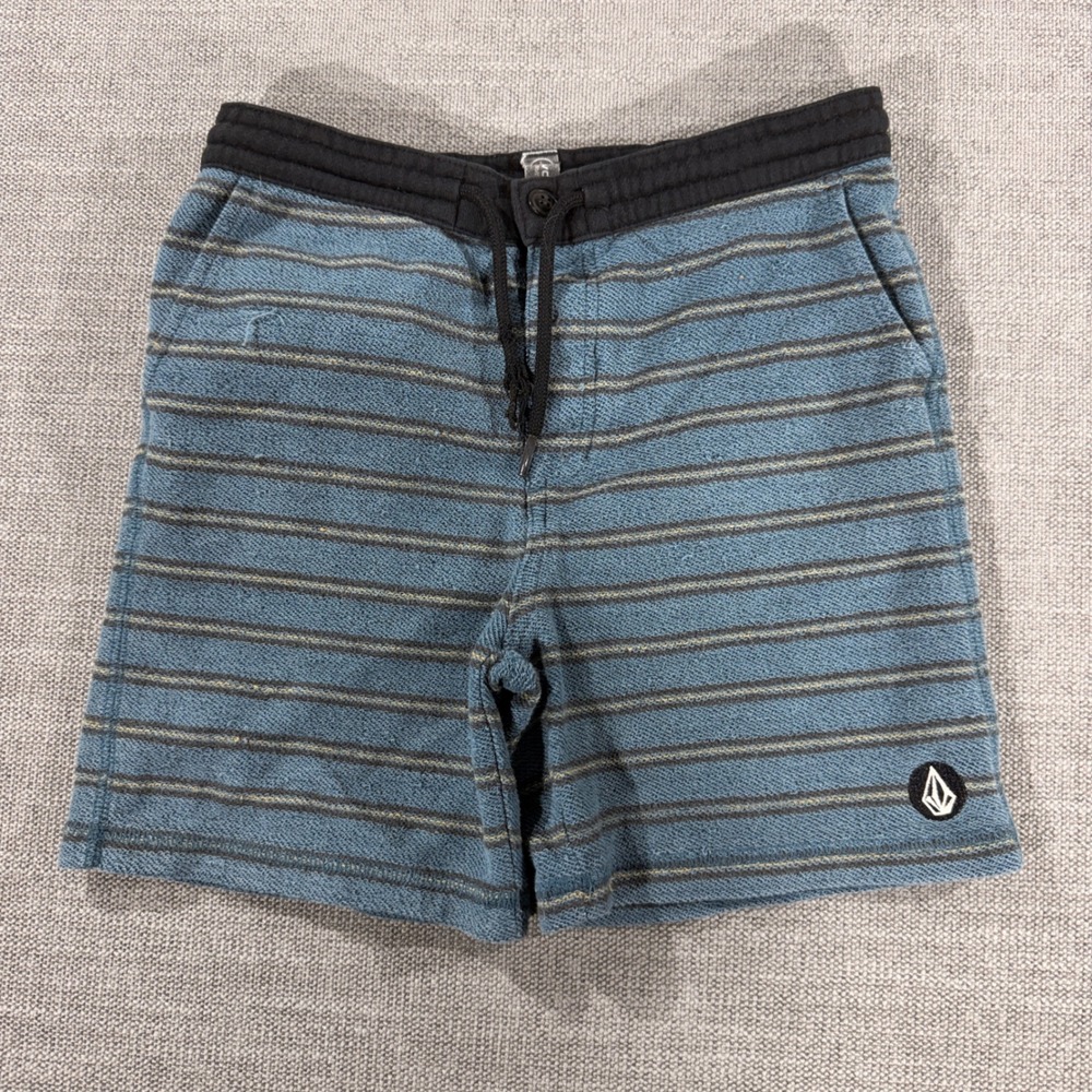 Volcom Knit Shorts Boys Small Blue Striped Good Drawstring Casual Surf 1405